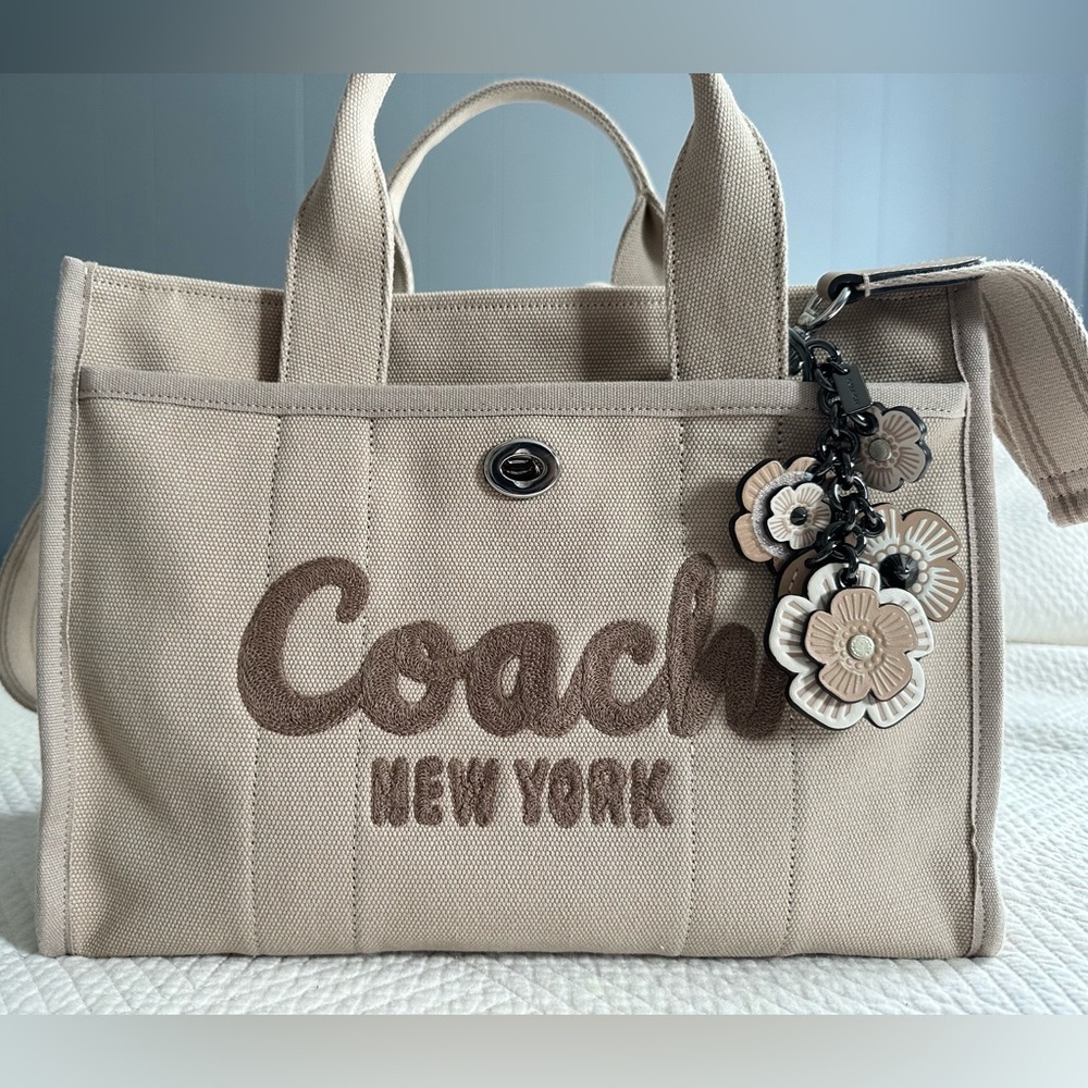 Coach Beige Canvas Tote Bag with Floral Charm